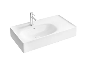 EQUAL - Wall-mounted ceramic washbasin with integrated countertop _ VitrA Bathrooms